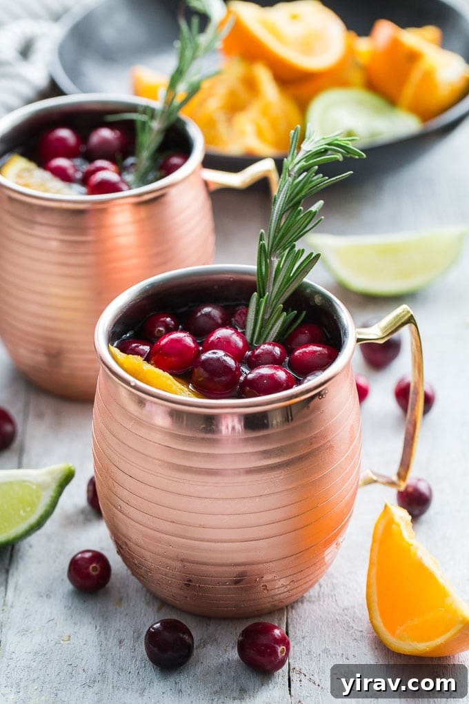 Two copper mugs holding inviting cranberry orange Moscow mules.