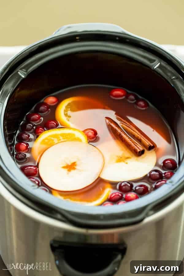 Slow cooker cranberry apple cider warming in a crockpot, ready to serve.