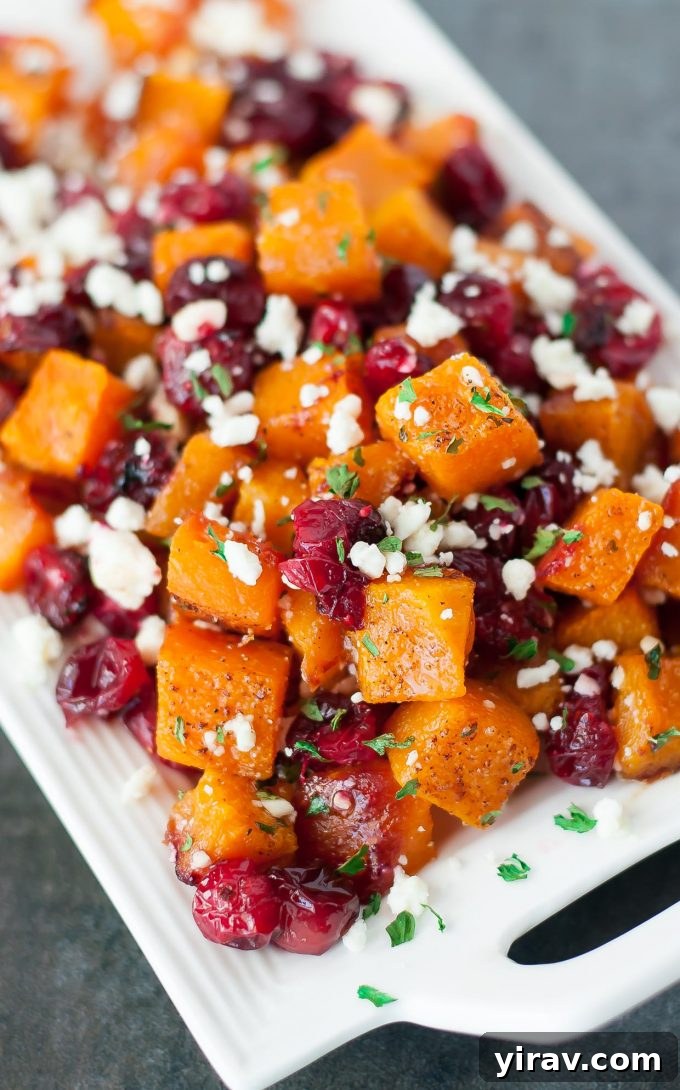 A white platter showcasing honey roasted butternut squash, cranberries, and feta cheese.