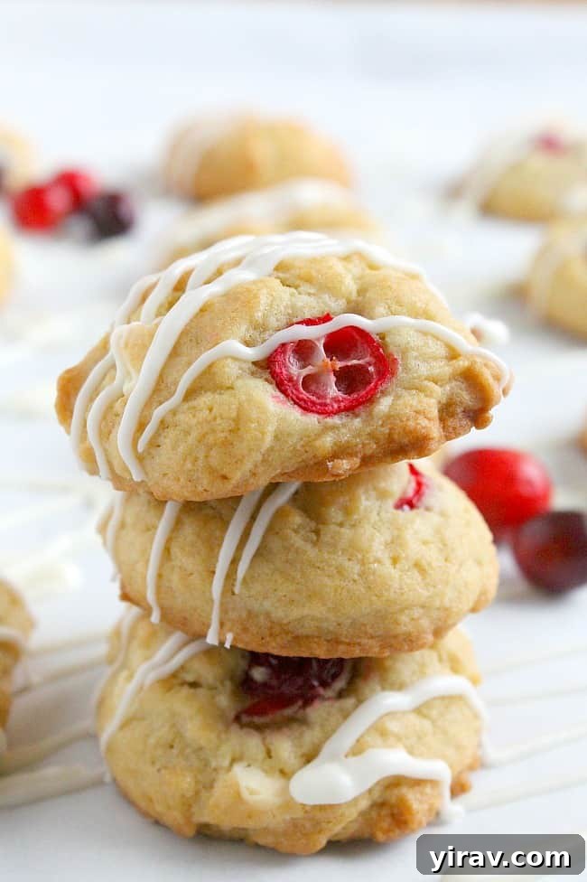 Three delicious cranberry white chocolate chip cookies stacked on top of each other.