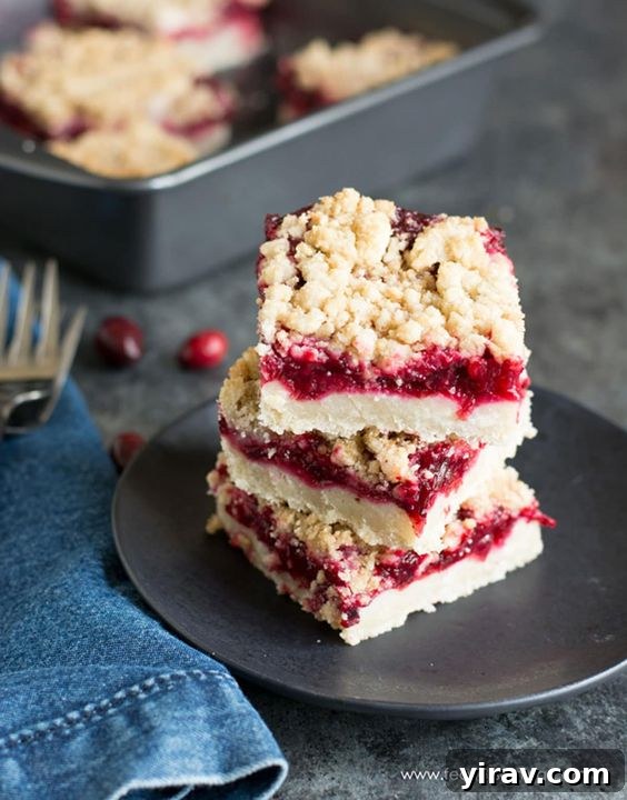 A stack of three delightful cranberry shortbread bars on a dark gray plate.