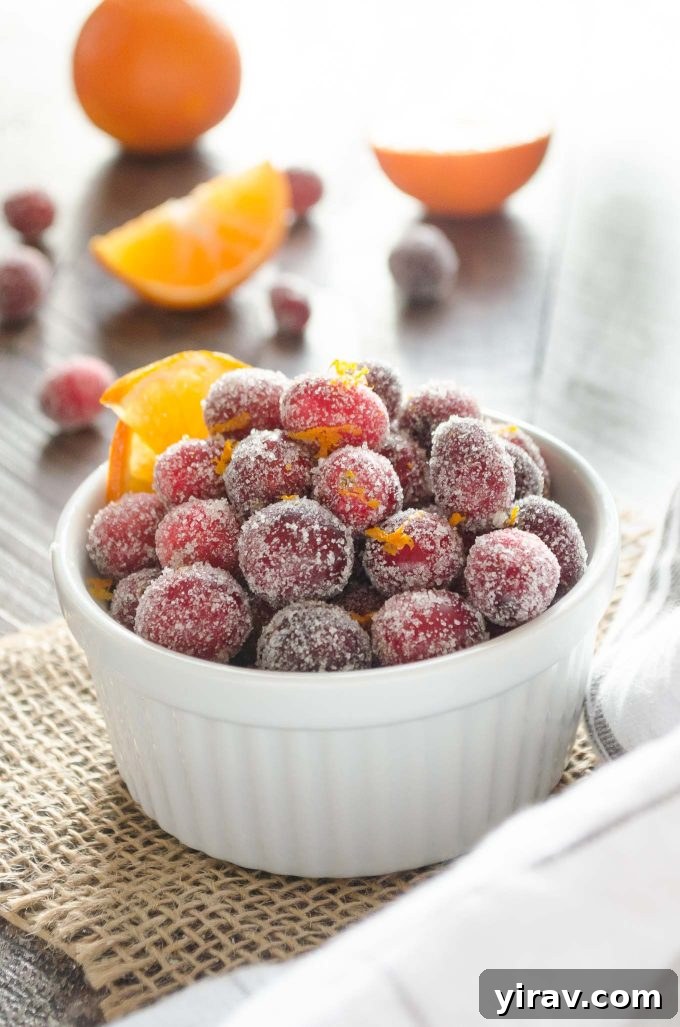 A small white ramekin filled with sparkling orange sugared cranberries.