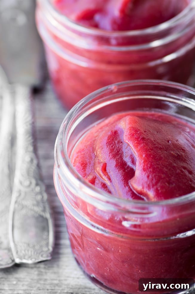 A jar of rich, dark crock pot cranberry apple butter, perfect for spreading.