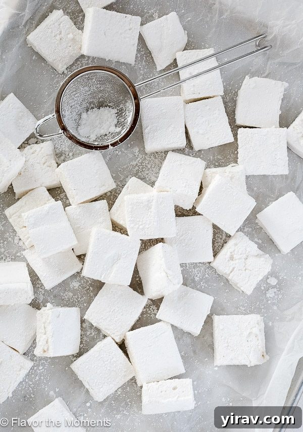 Homemade marshmallows scattered on waxed paper