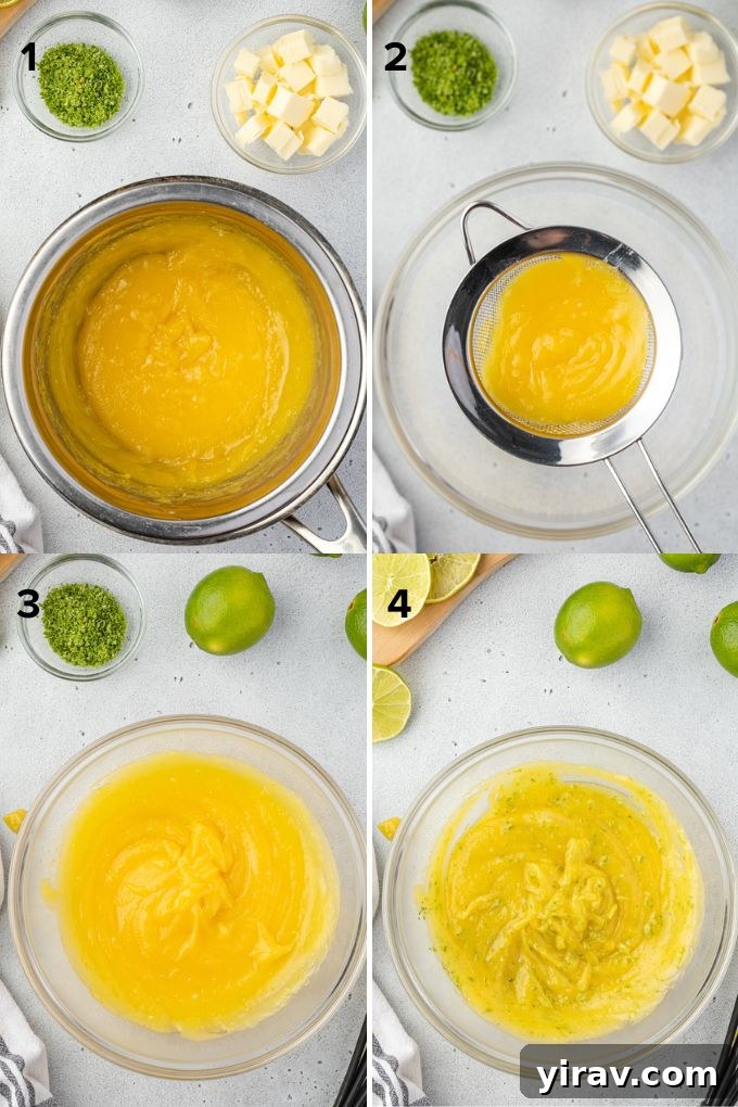 Step-by-step process of making lime curd, showing whisking ingredients over a double boiler.