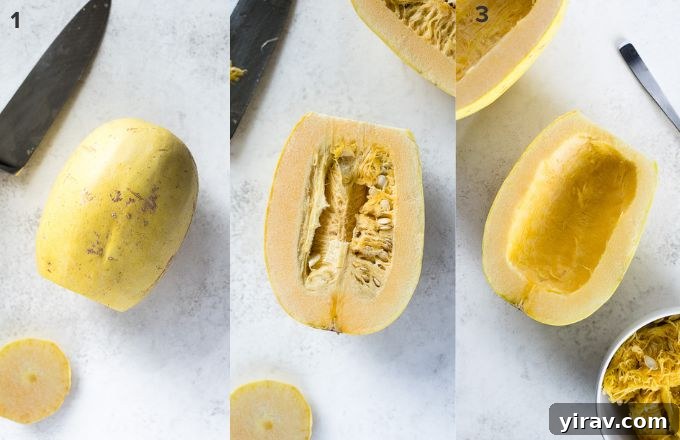 Step-by-step images showing how to cut spaghetti squash