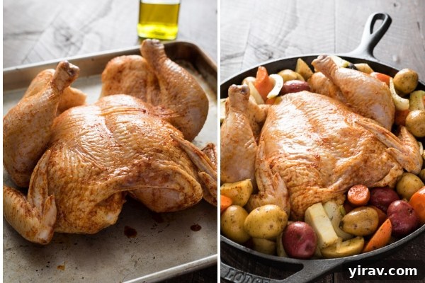 A photo collage illustrating the preparation of a spatchcock chicken before it's placed in the oven for roasting, showing seasoning and placement.