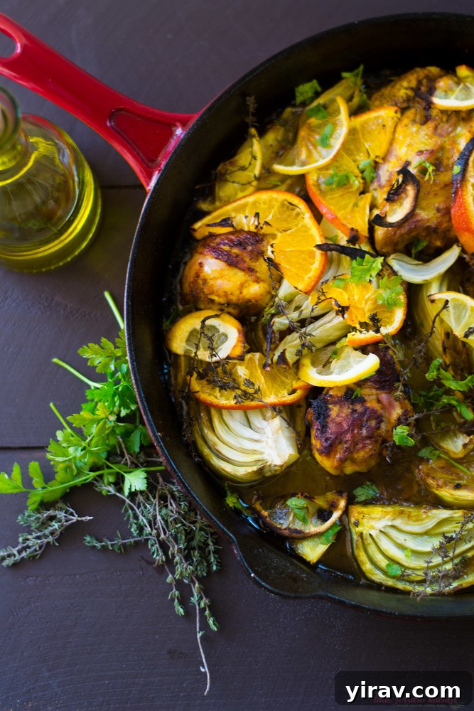 An overhead view of olive oil braised chicken, seasoned with citrus, fennel, and turmeric, served in a cast iron skillet.
