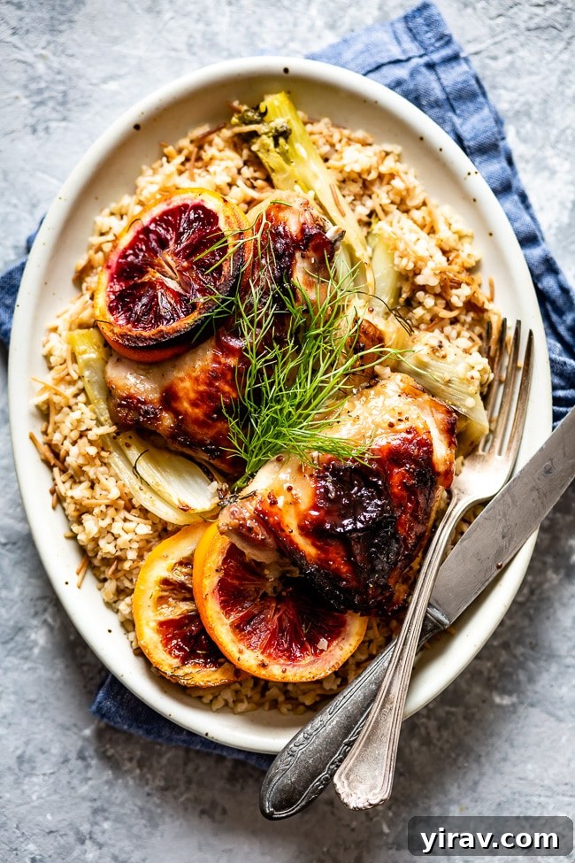 An overhead view of succulent chicken roasted with fennel and oranges.