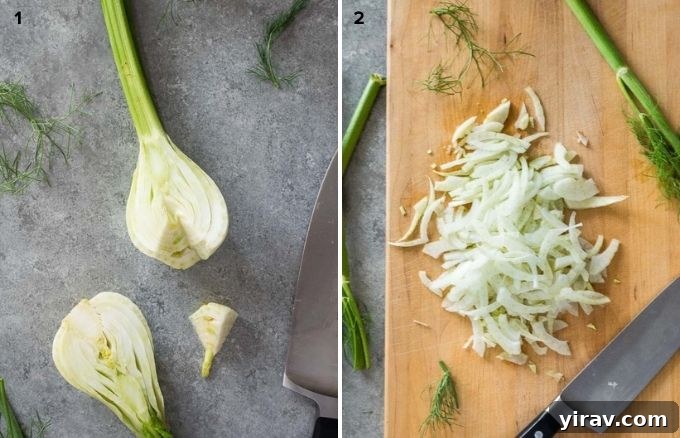 A step-by-step photographic guide demonstrating how to properly cut a fennel bulb, showing initial trimming, halving, and coring techniques.