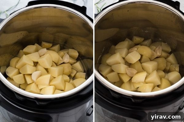 Quick and Creamy Instant Pot Mashed Potatoes 5 Instant Pot mashed potatoes cooking process collage showing potatoes and garlic in the pot.