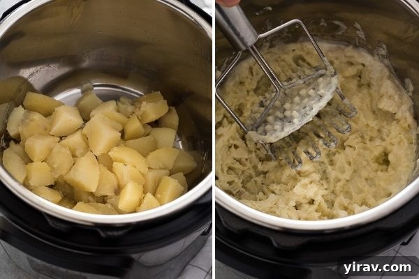 Quick and Creamy Instant Pot Mashed Potatoes 6 Instant Pot mashed potatoes cooking process collage showing the pot sealed for cooking.