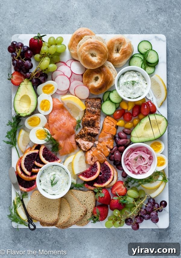 Gourmet Smoked Salmon Breakfast Board 2 Smoked Salmon Breakfast Platter - Overhead View with Bagels and Spreads