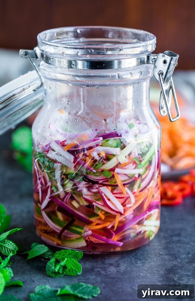 Quick Fridge Pickled Vegetables, ready to add a tangy crunch to any dish.