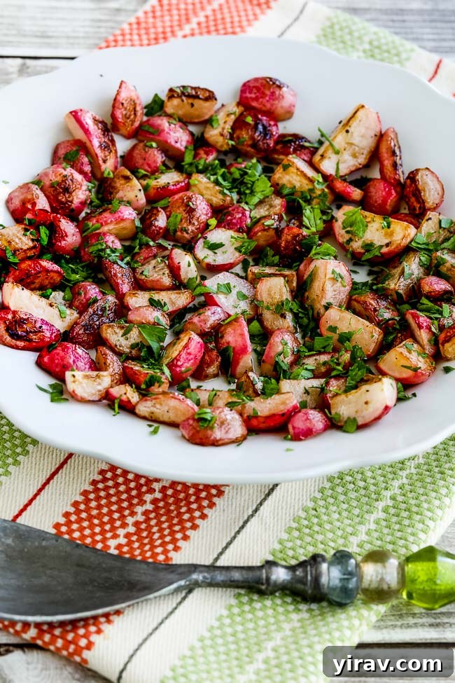 Sauteed radishes in a white dish, a quick and tasty low-carb side.