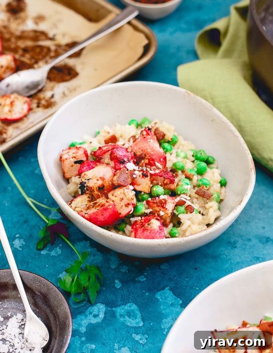 A white bowl of spring pea and radish risotto, creamy and inviting.
