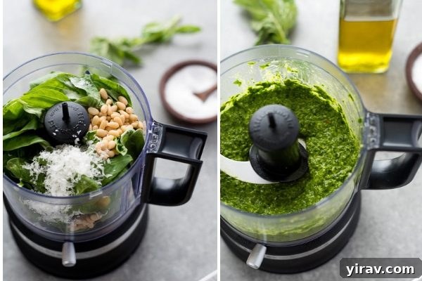 A photo collage illustrating the step-by-step process of making pesto sauce from scratch using a food processor.
