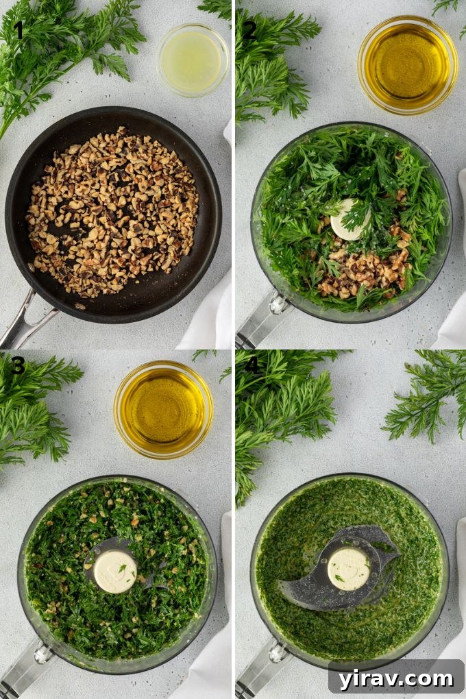 Vibrant Carrot Greens Pesto 5 Close-up of a food processor blending carrot tops, walnuts, and other ingredients into pesto.