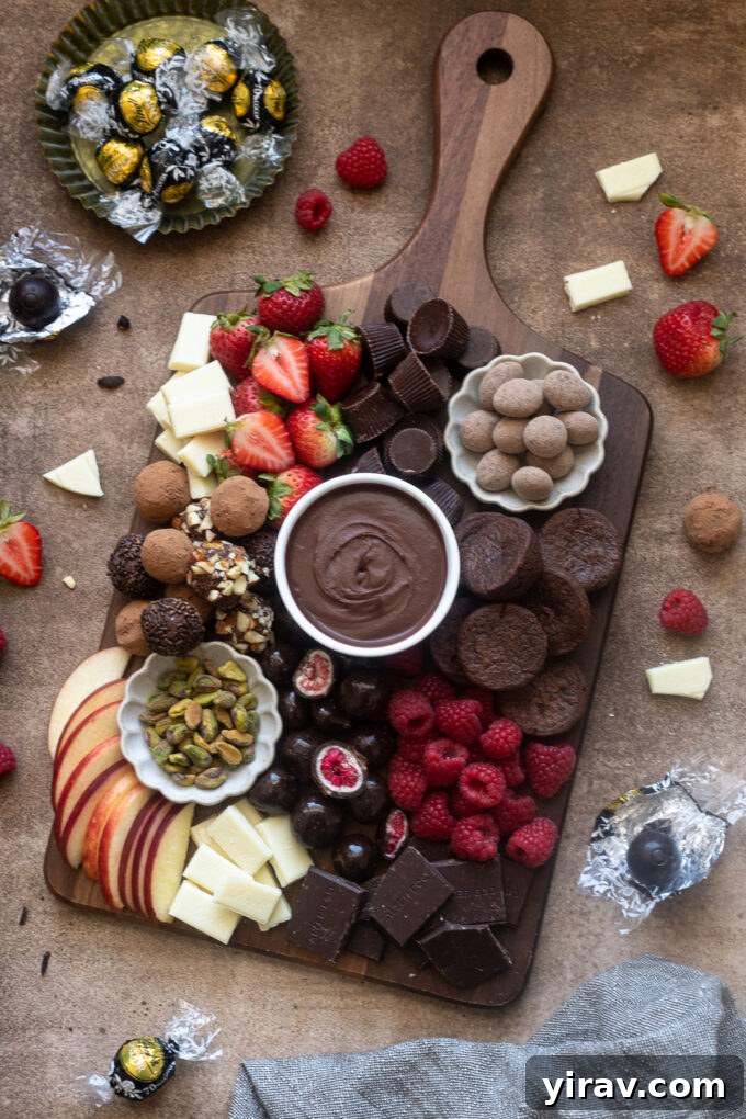 Exquisitely arranged chocolate charcuterie board featuring a central bowl of chocolate ganache, alongside vibrant fruits like strawberries and raspberries, and various chocolate candies and nuts, perfect for a luxurious dessert.