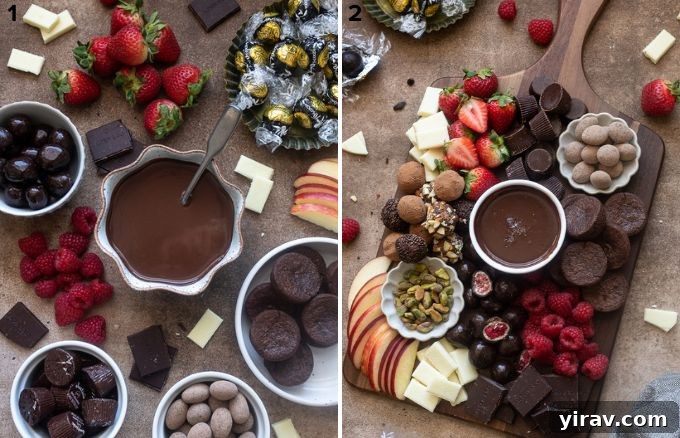 A step-by-step image showing how to arrange items on a chocolate dessert board, starting with bowls and then adding larger items.