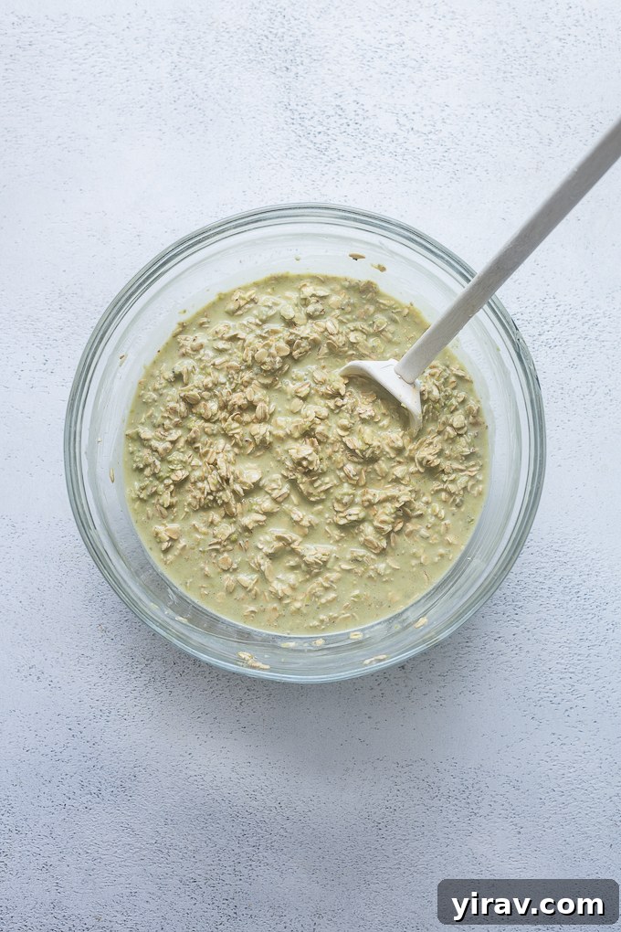 Matcha Morning Magic 6 Matcha coconut overnight oats in bowl before chilling.