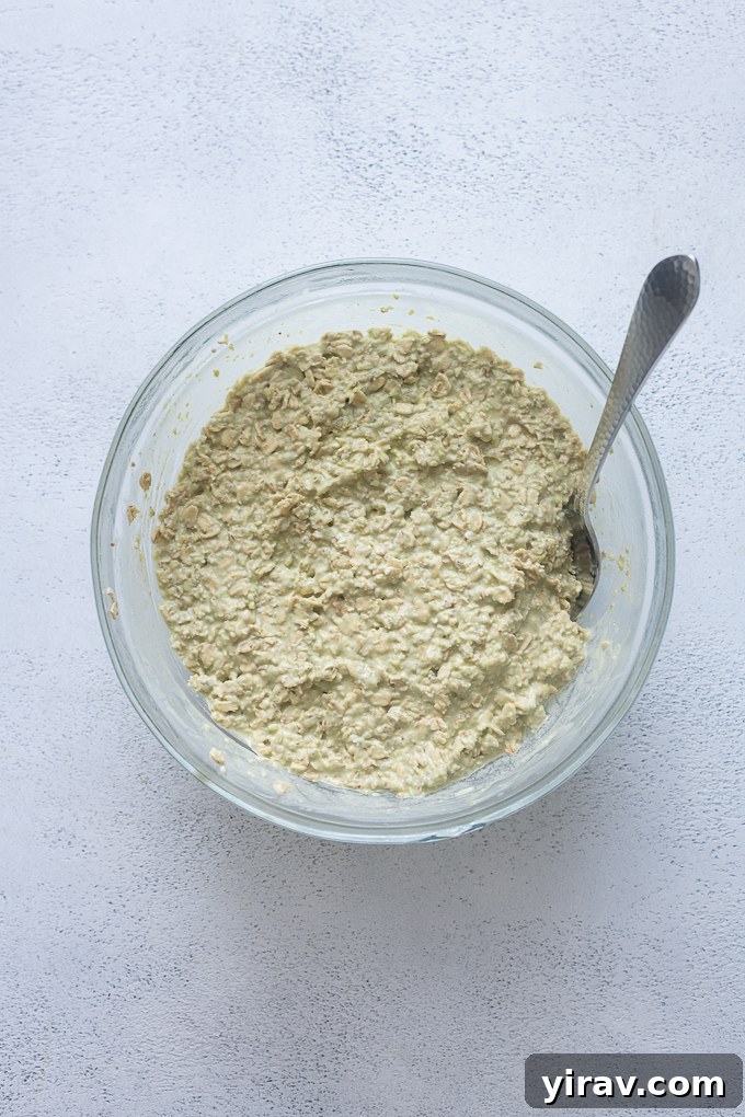 Matcha Morning Magic 7 Finished matcha overnight oats in mixing bowl.