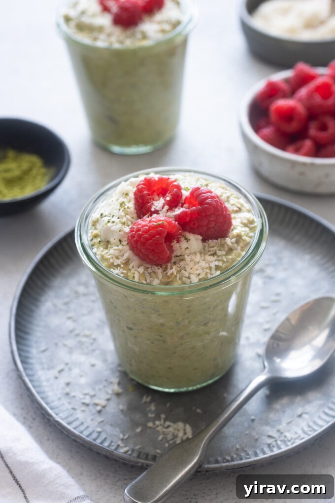 Matcha Morning Magic 8 Overnight oats with matcha green tea and coconut in jars.