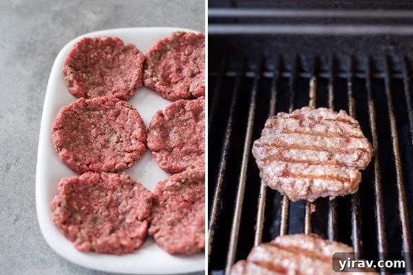 Grilling Burgers Like a Pro 5 A step-by-step photo collage illustrating the process of grilling grass-fed beef burger patties on a propane grill.
