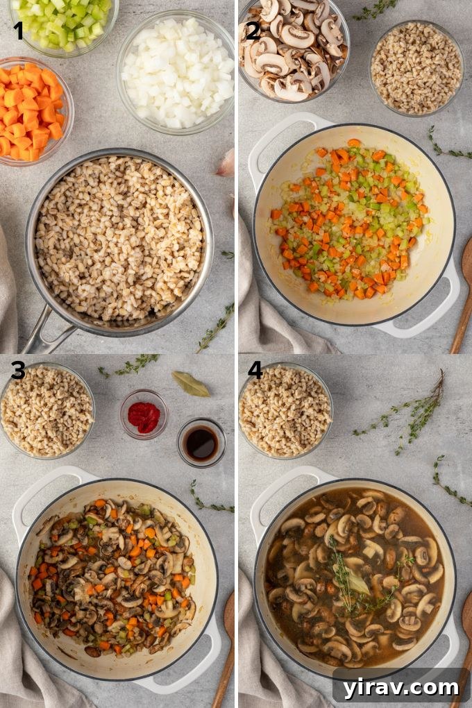 Step-by-step visuals of making mushroom barley soup, from sautéing vegetables to the finished product in a pot