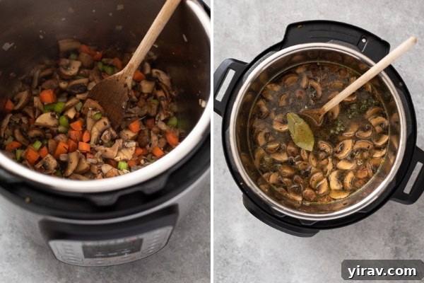 A collage showing the process of making mushroom barley soup in an Instant Pot