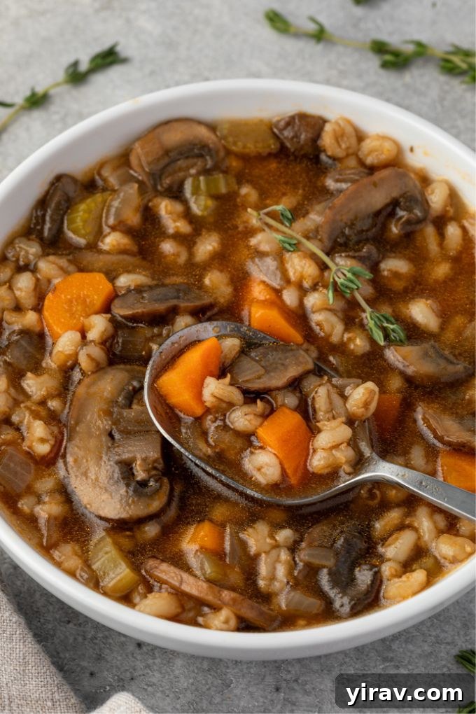 A close-up of a bowl of vegetarian mushroom barley soup with a spoon digging in, showing the rich texture