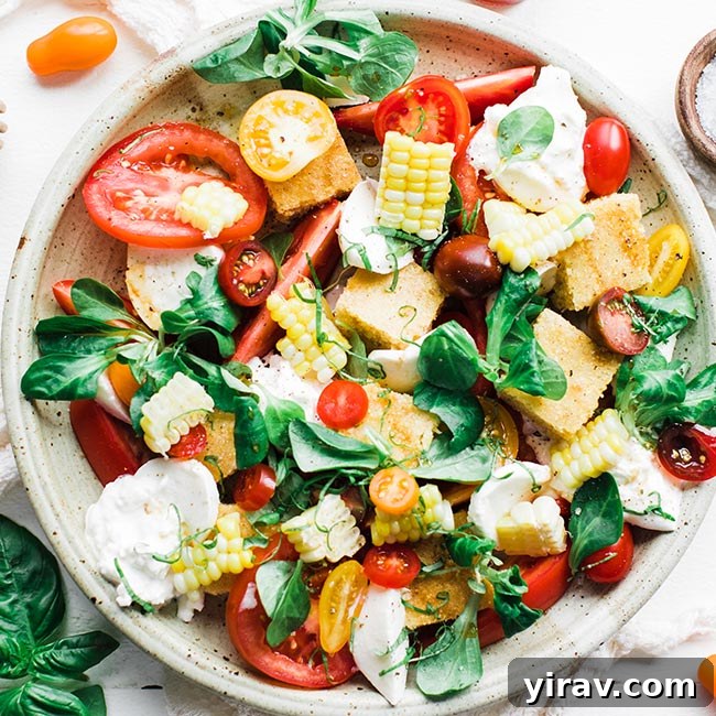 Overhead view of a plate of Caprese Salad with Homemade Cornbread, featuring fresh tomatoes, mozzarella, and basil.