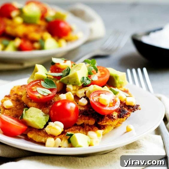 A golden-brown corn cake topped with vibrant tomatoes, creamy avocado, and fresh corn kernels.