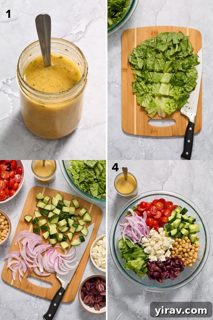 Vibrant Mediterranean Chop Salad 5 Visual steps demonstrating how to prepare the Mediterranean chopped salad, showing ingredients being combined.