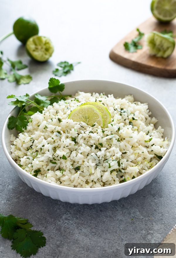 A bowl of fluffy cilantro lime rice garnished with fresh lime slices and cilantro sprigs, ready to be served as a side dish.
