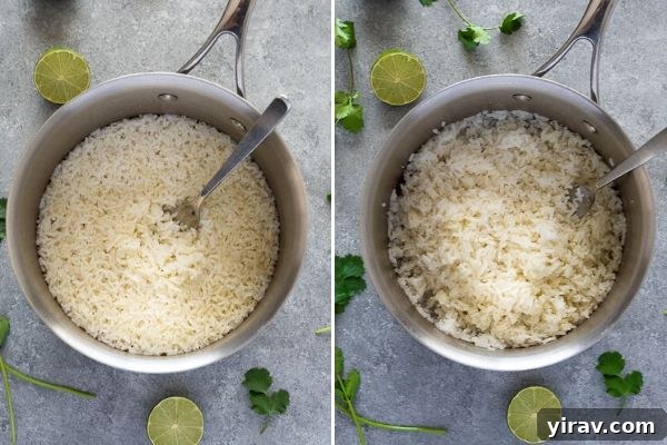A side-by-side comparison of cilantro lime rice: before fluffing, appearing more dense, and after fluffing with a fork, showing its light and airy texture.