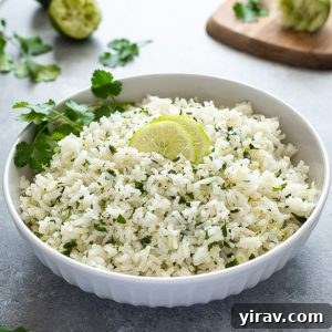 A bowl of cilantro lime rice, perfectly fluffy and ready to eat, with a few lime slices on top.