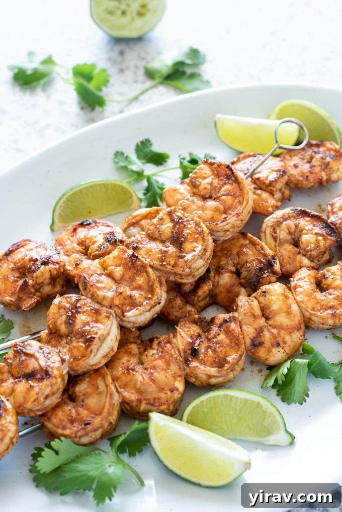 Chili lime grilled shrimp skewers on a serving platter