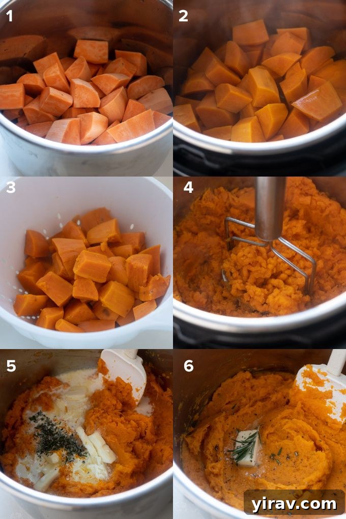 Instant Pot filled with cooked sweet potatoes, ready for mashing.
