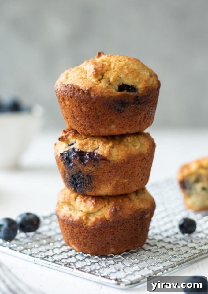 Healthy banana blueberry muffins in a stack