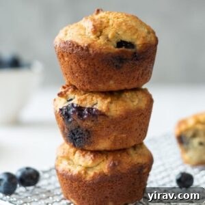 Healthy banana blueberry muffins in a stack