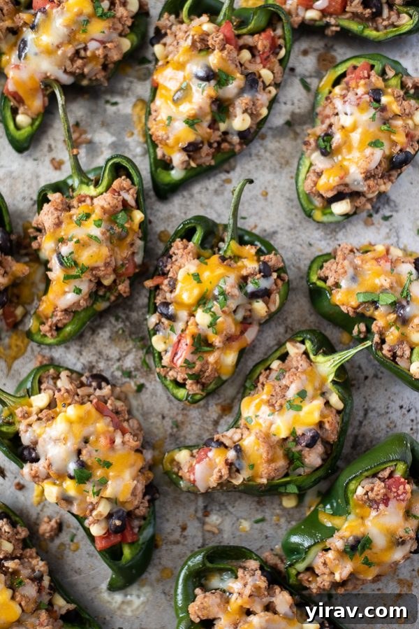 Zesty Southwestern Stuffed Poblanos 3 Stuffed poblanos on a baking sheet with cheese, ready to be served