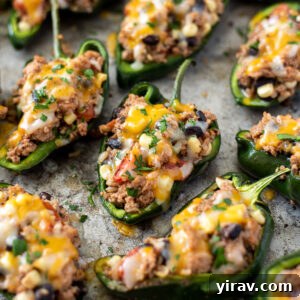 Zesty Southwestern Stuffed Poblanos 8 Ground turkey and rice stuffed poblano peppers.