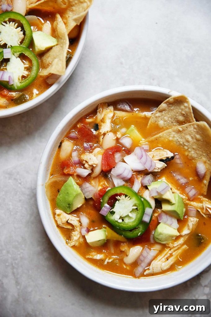 Overhead view of a comforting bowl of Roasted Poblano & Chicken Soup, garnished and ready to be enjoyed.