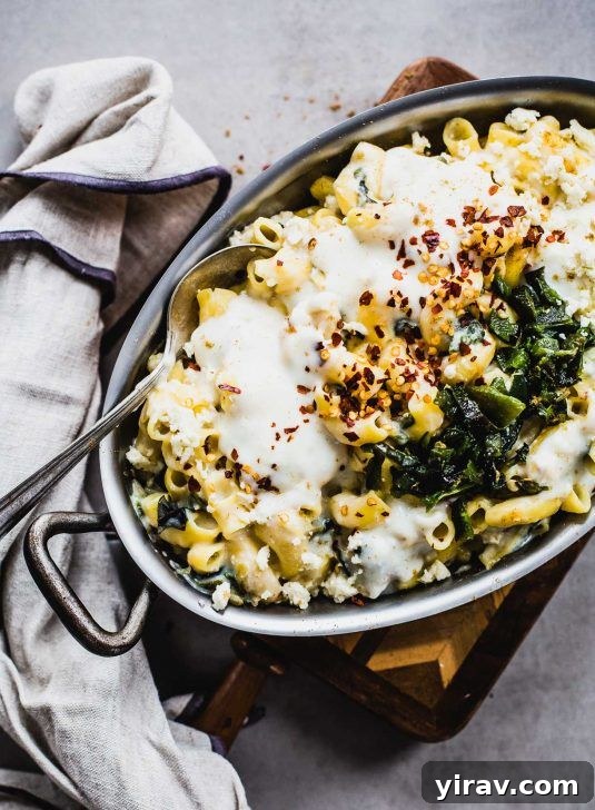 Overhead view of a delightful dish of Chile Relleno White Mac and Cheese, showcasing its creamy texture.