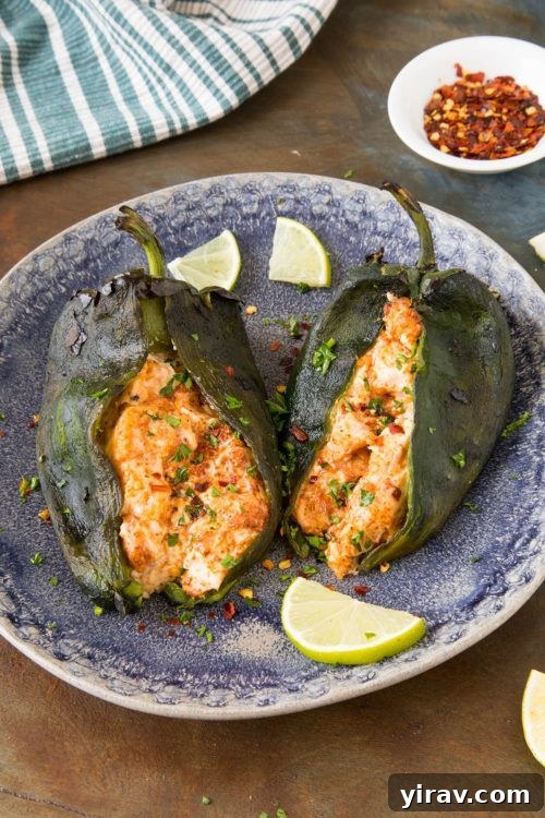 Two beautifully presented cream cheese stuffed poblano peppers on a vibrant blue plate.