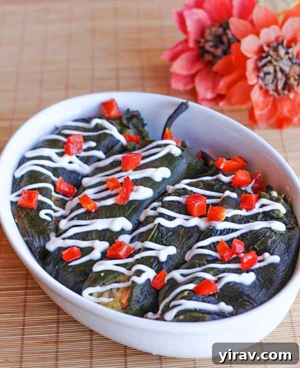 Four delicious Mexican Chiles Rellenos with Chickpeas artfully arranged in a white baking dish.
