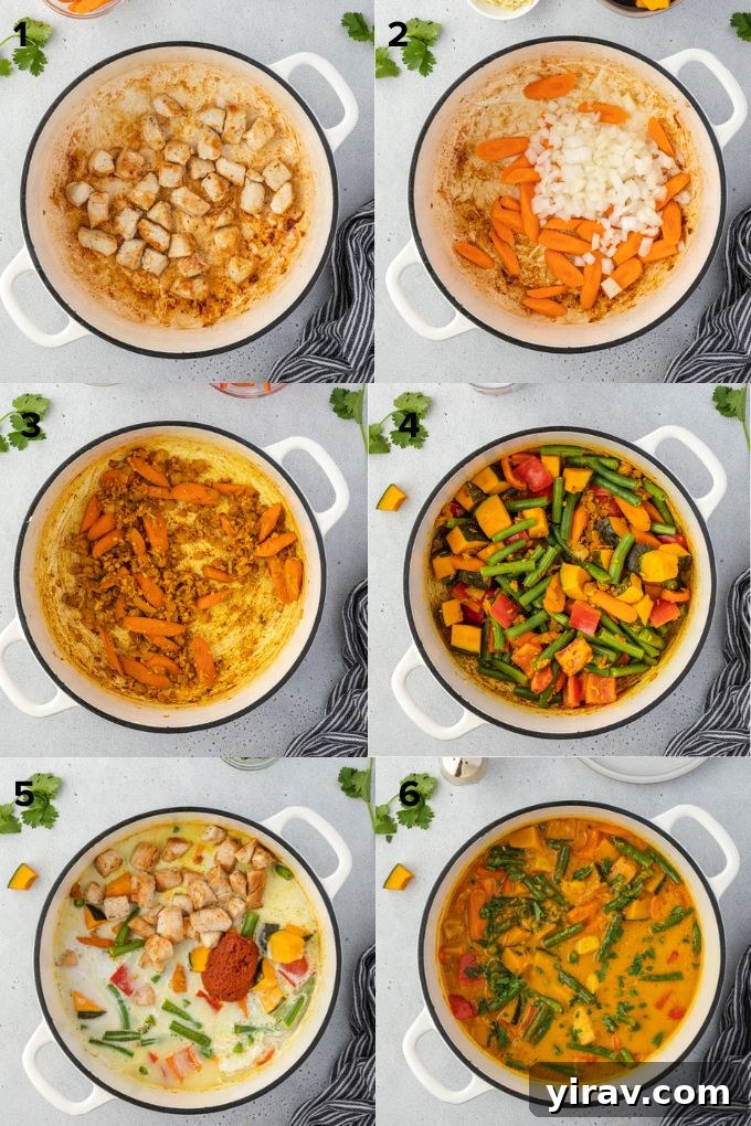 Creamy Thai Pumpkin Chicken Curry 5 A collage of step-by-step photos illustrating how to make Thai pumpkin curry, from cooking chicken to simmering the curry.