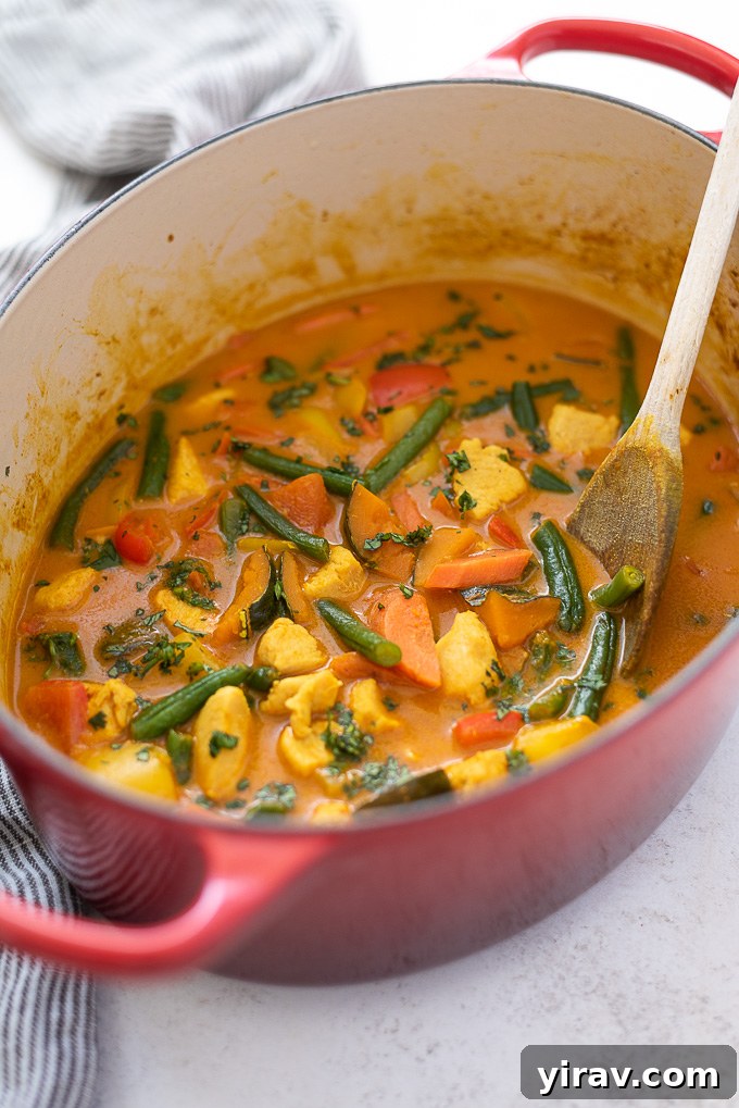 Creamy Thai Pumpkin Chicken Curry 6 Thai pumpkin curry simmering in a red Dutch oven on a stovetop.