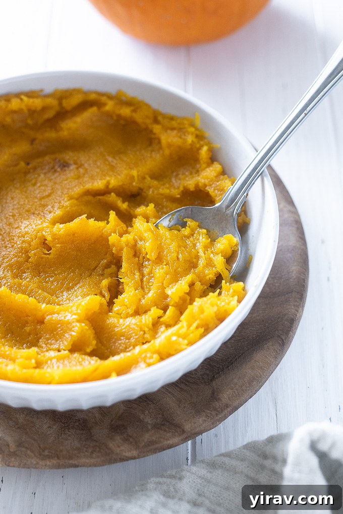 Effortlessly Make Your Own Pumpkin Puree 8 Spoonful of pumpkin purée in a bowl